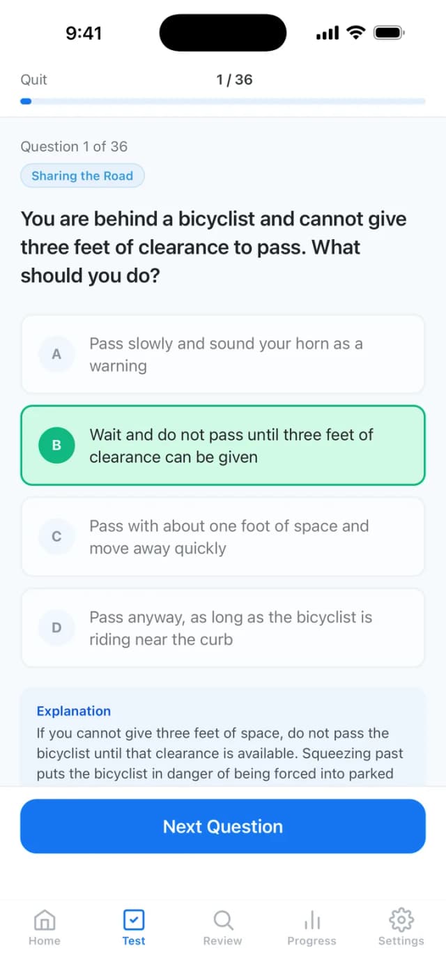 Detailed answer explanation for a California DMV practice question with handbook page reference
