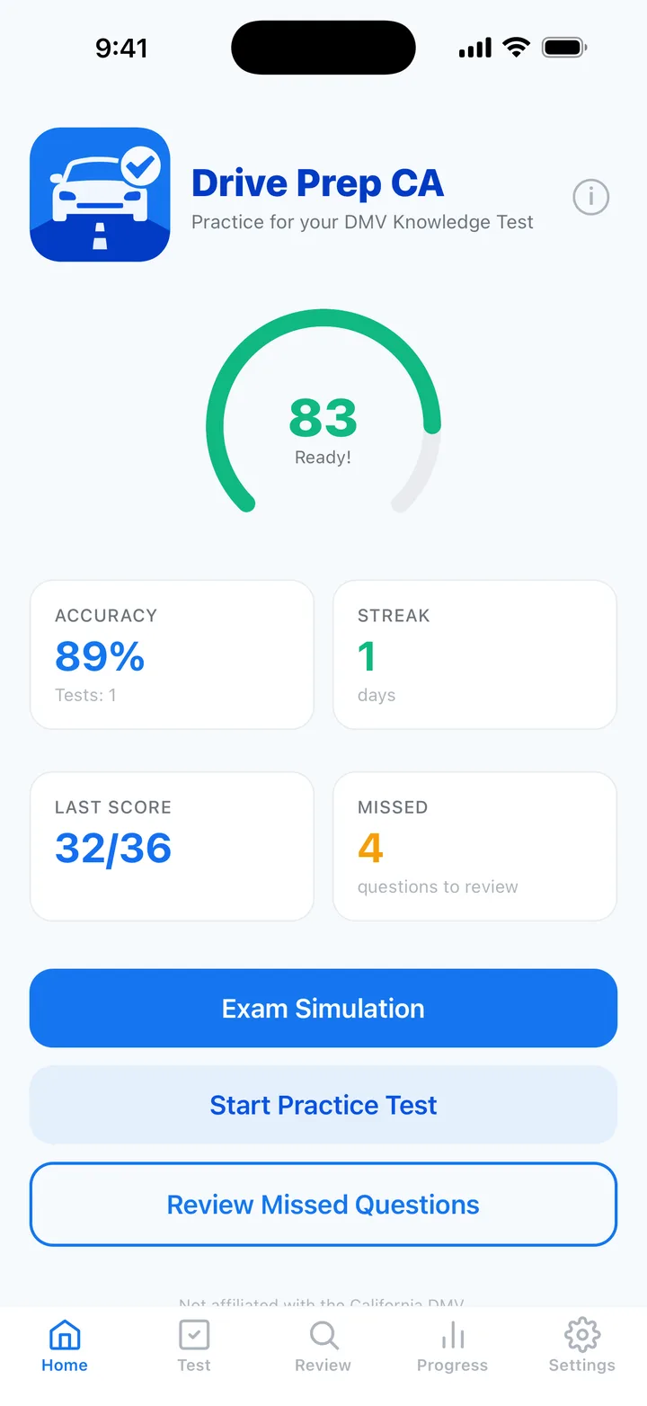 Drive Prep CA App - Home Screen