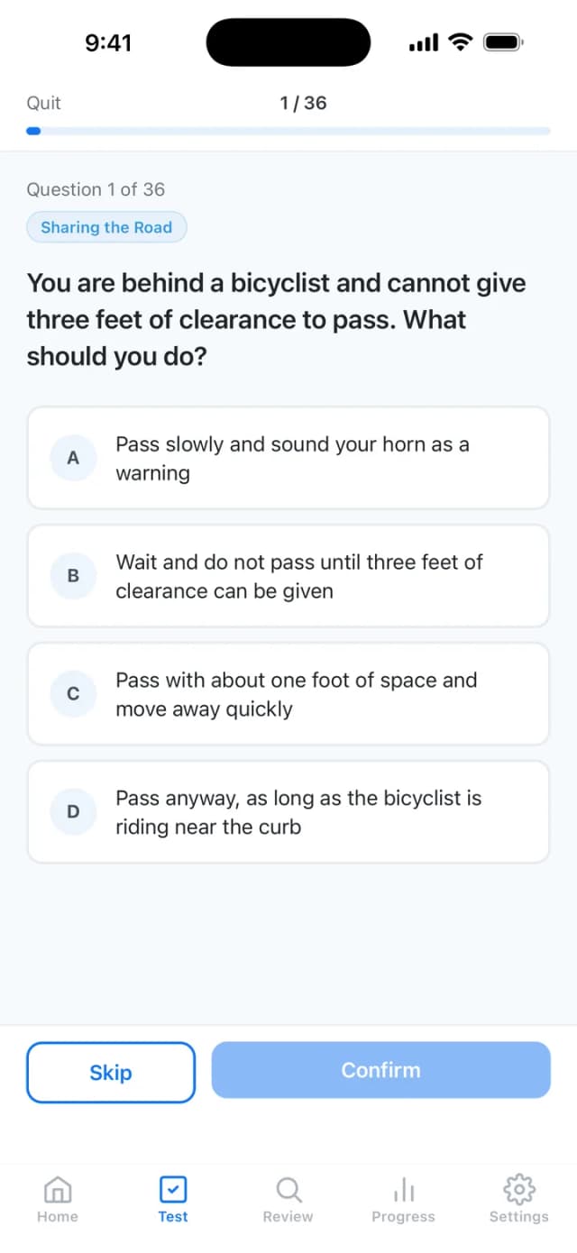 California DMV practice question with multiple choice answers based on the official handbook