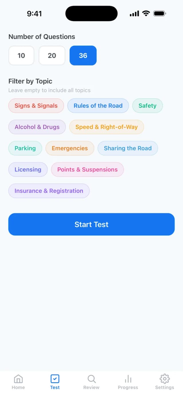 DMV practice test setup with topic filters and question count selection