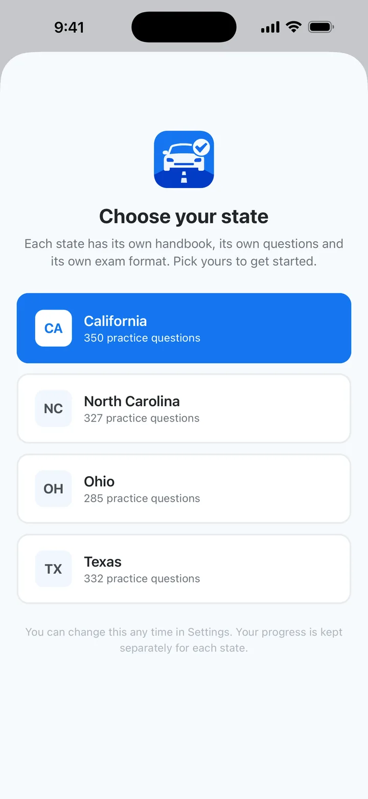 Drive Prep state picker listing California, North Carolina, Ohio and Texas, each with its own number of practice questions