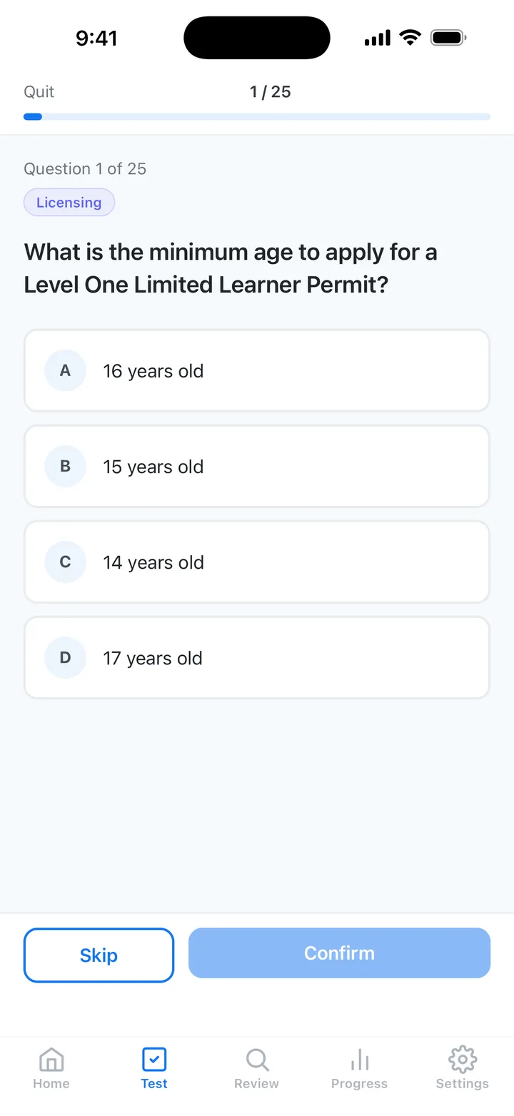 NC DMV practice question with multiple choice answers based on the official handbook