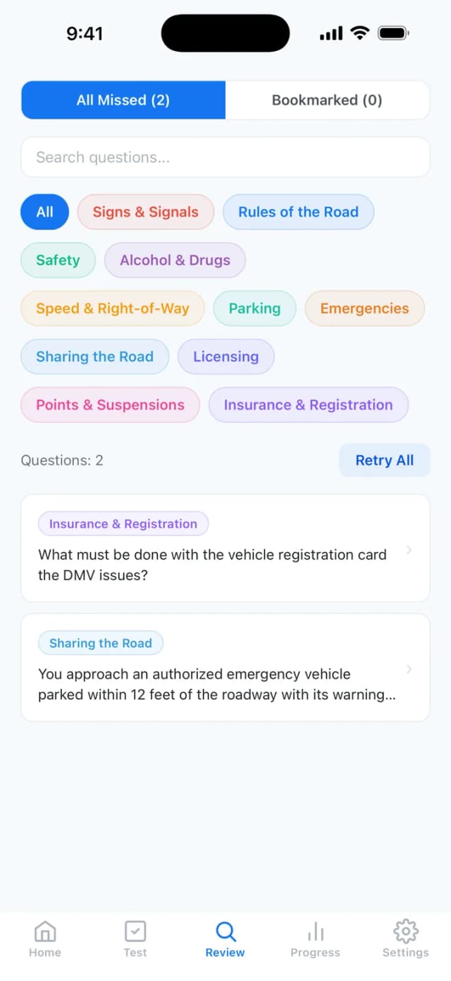 Review of missed NC DMV practice questions for targeted study improvement