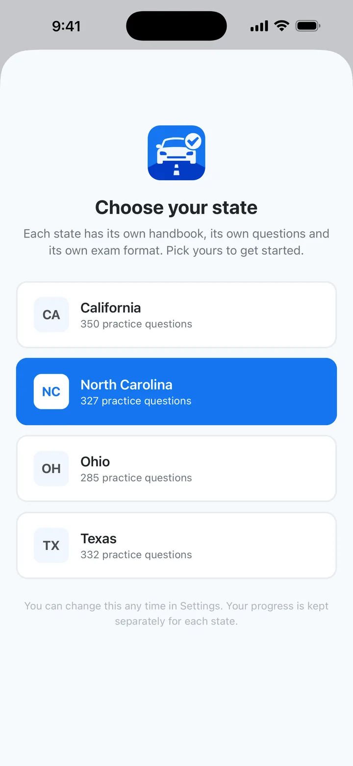Drive Prep state picker listing California, North Carolina, Ohio and Texas, each with its own number of practice questions