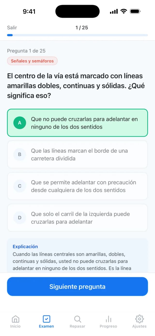 Explicación detallada de una pregunta de práctica del DMV de NC con la referencia al manual