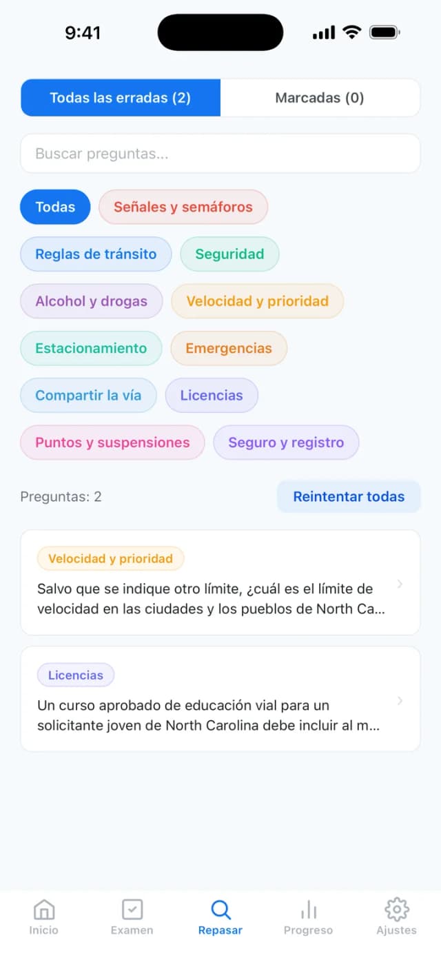 Repaso de las preguntas falladas del DMV de NC para estudiar lo que todavía falta