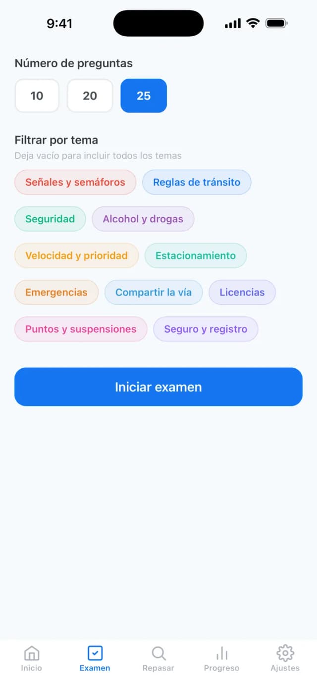Configuración de un examen de práctica del DMV de NC con filtros por tema y número de preguntas