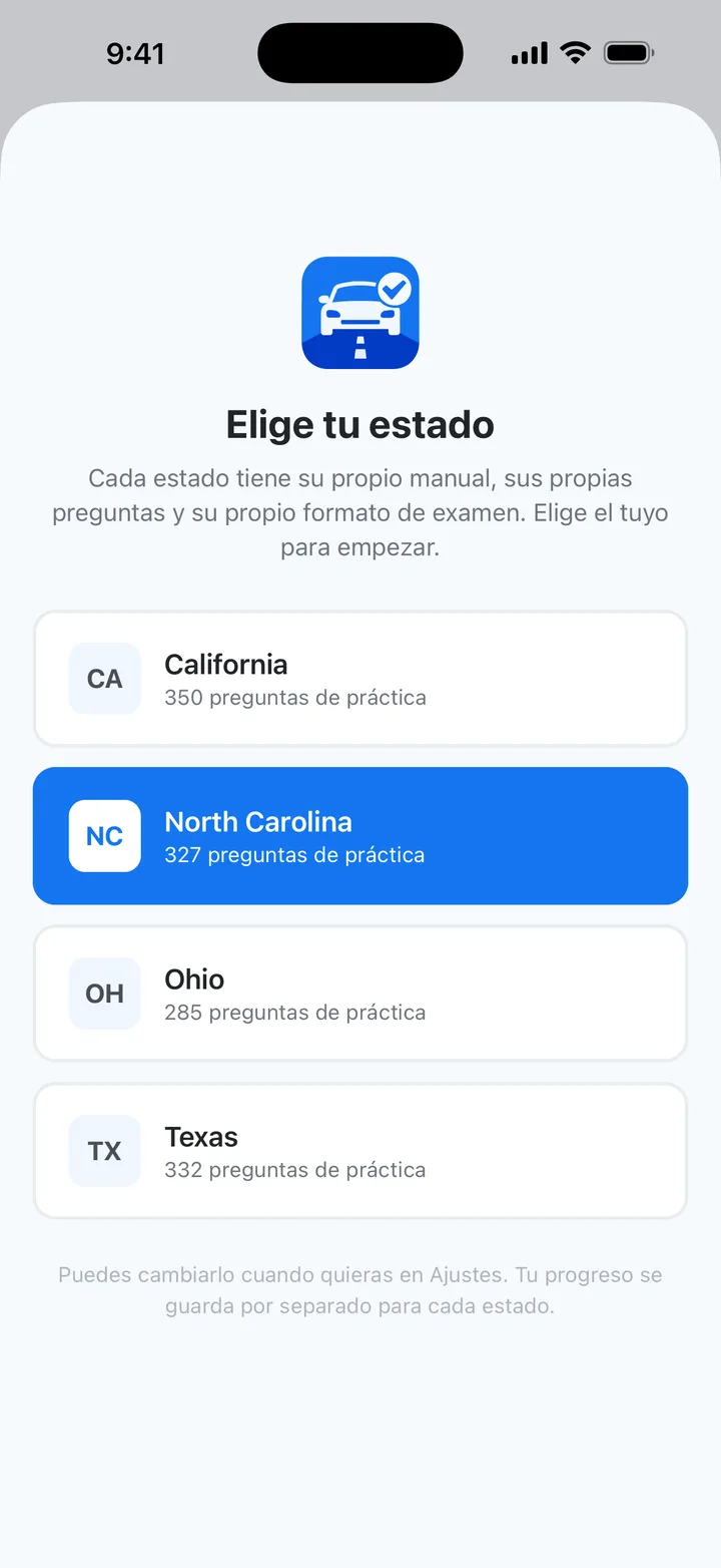 Selector de estado de Drive Prep con California, Carolina del Norte, Ohio y Texas, cada uno con su propio número de preguntas de práctica