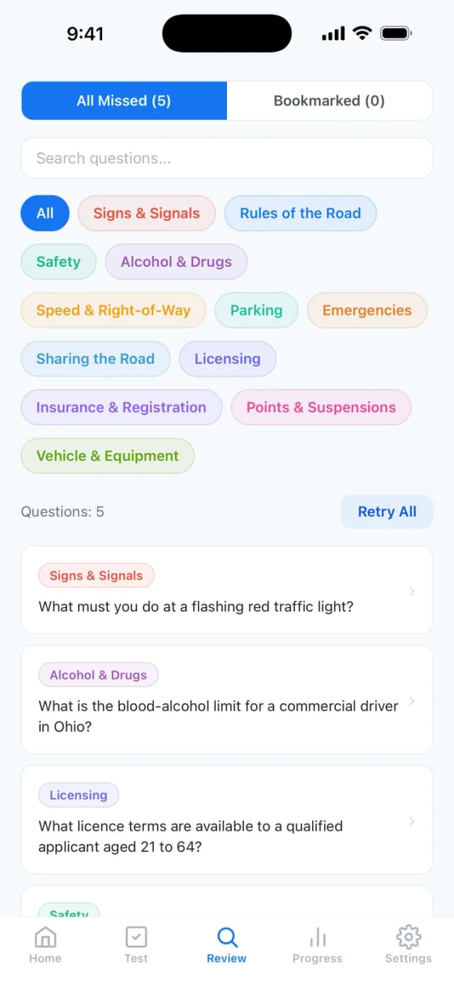 Review of missed Ohio BMV practice questions for targeted study