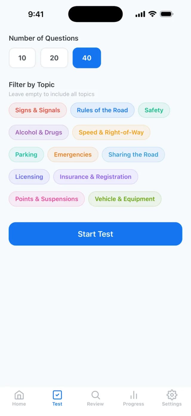 Ohio BMV practice test setup with topic filters and a 10, 20 or 40 question count