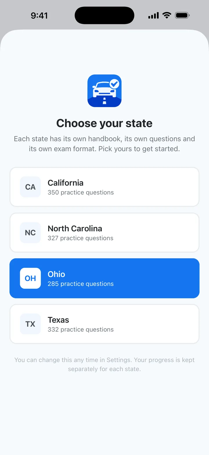 Drive Prep state picker listing California, North Carolina, Ohio and Texas with each state's question count