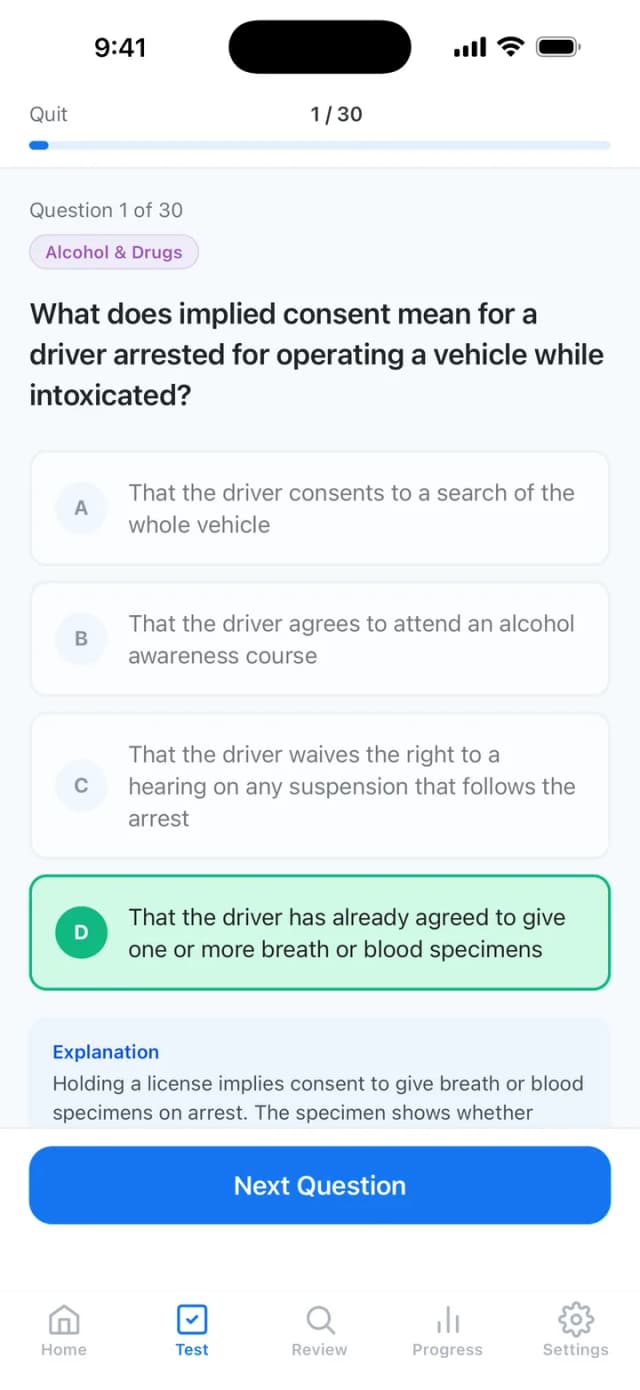 Answer explanation for a Texas DPS practice question, taken from the official handbook