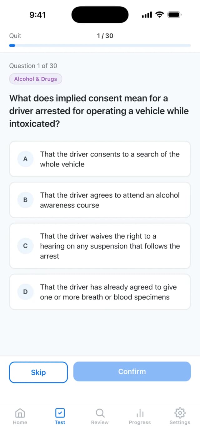 Texas DPS practice question with multiple choice answers written from the Texas Driver Handbook
