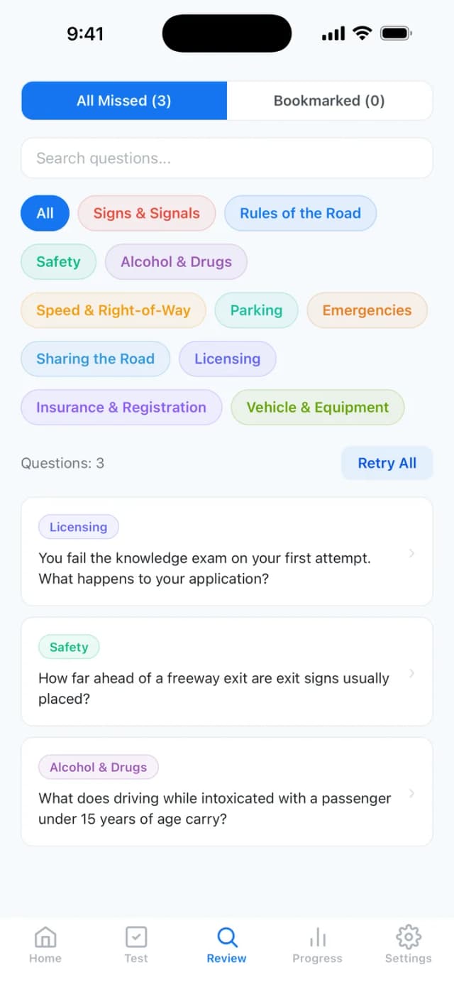 List of missed Texas DPS practice questions, filterable by topic, for targeted review