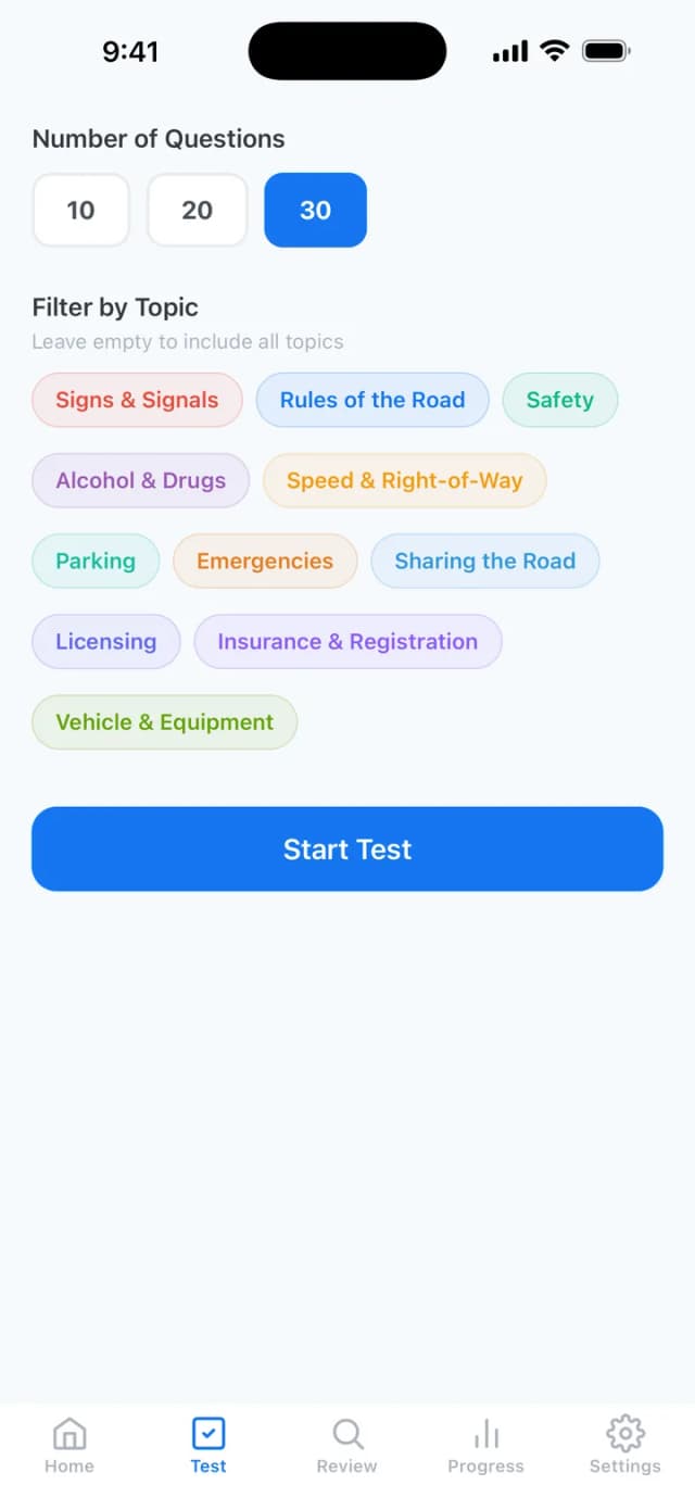 Texas DPS practice test setup with question count and the 11 handbook topics, including Vehicle & Equipment