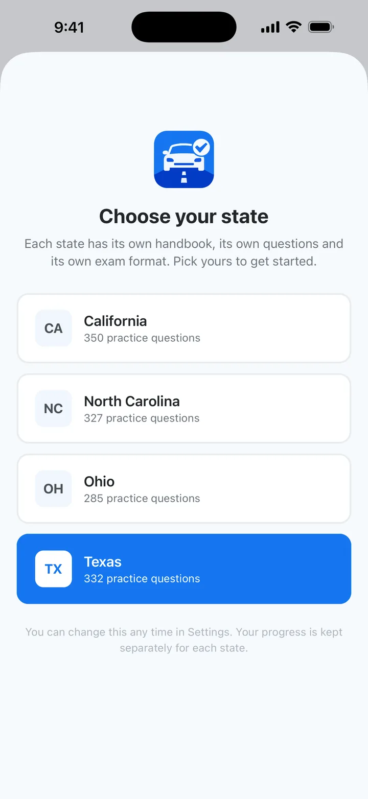 Drive Prep state picker listing California, North Carolina, Ohio and Texas with each state's question count